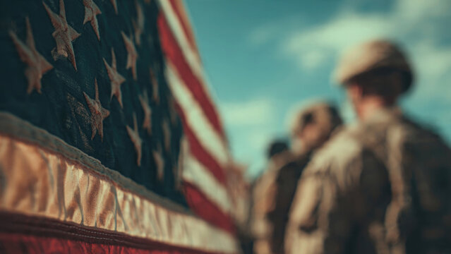 American flag and blurred soldiers in military uniform representing patriotism and national pride