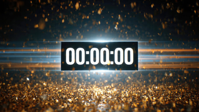Dramatic countdown timer displaying zero time with golden glitter and light streaks