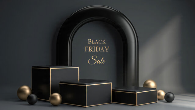 Black friday sale product display with geometric shapes and golden accents on dark background