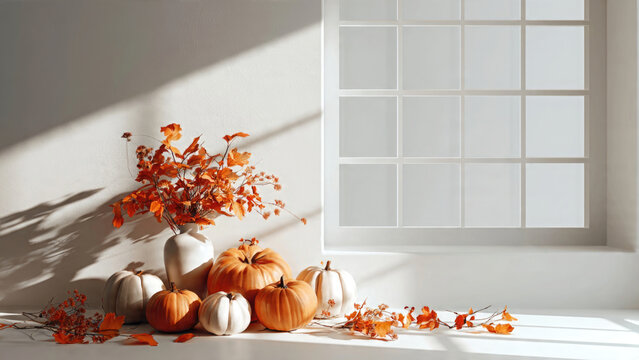 Autumn still life with pumpkins and fall foliage near a bright window