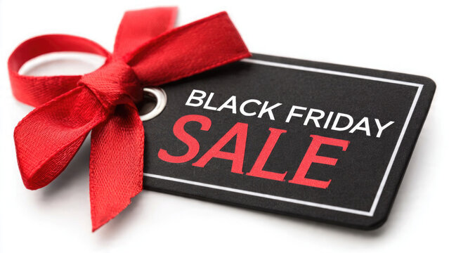 Black Friday sale advertisement with a red ribbon on a white background
