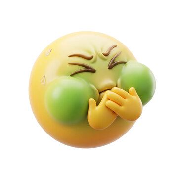 Nauseated 3D emoji face covering its mouth with both hands expressing sickness, nausea and feeling unwell isolated