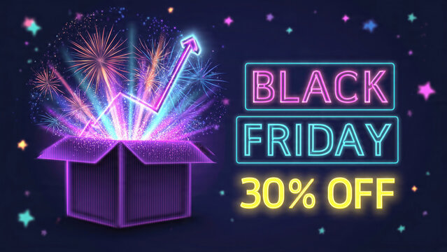 Black Friday sale concept with glowing gift box fireworks and rising arrow on dark background
