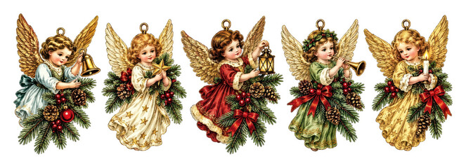 Obraz premium PNG Vintage angel cherubs with flowers, instruments, wings, Christmas ornaments