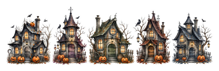 Obraz premium PNG Whimsical haunted Halloween cottages with glowing windows and pumpkins