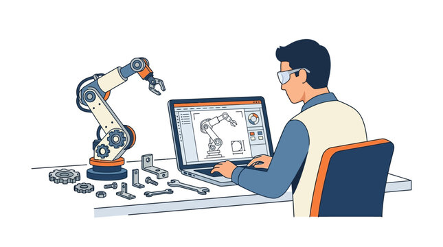 Mechanical engineer designing industrial robotic arm with CAD software on laptop at laboratory desk flat vector illustration.