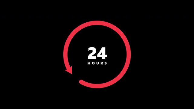 Animated red twenty four hours service icons on transparent background. 4K Alpha Channel