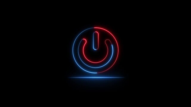 Neon glowing red and blue outline power button icon animation on black background. System power switch, turn on off, startup reboot, energy control, futuristic UI motion graphic.
