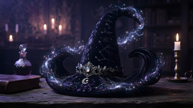 Mystical pointed wizard hat glowing with magic blue sparks resting on a dark wooden table inside cozy witchcraft room
