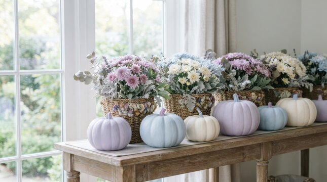 Pastel painted pumpkins and floral arrangements on a rustic wooden console table by the window