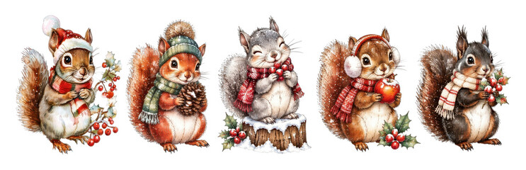 Obraz premium PNG Festive woodland squirrels celebrating winter holidays