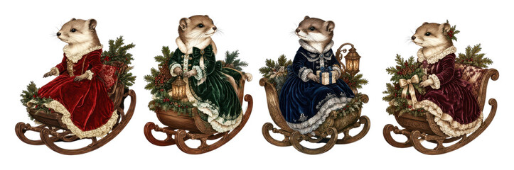 Obraz premium PNG Vintage Christmas mice riding ornate wooden sleighs