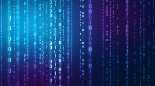 Digital computer data concept with binary code on a blue and purple gradient background.