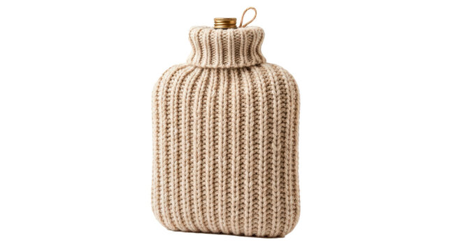 Soft hot-water bottle wrapped in a thick knitted cover, cozy ribbed texture, rounded rectangular shape and warm neutral color; photorealistic product photography, front 3/4 view, vertical orientation,