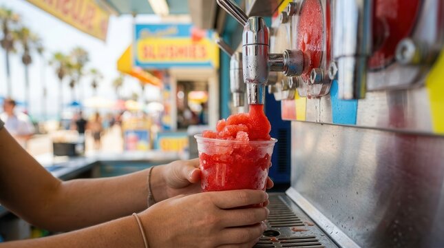 Close up of a red frozen slush drink being served at an outdoor drink stand.