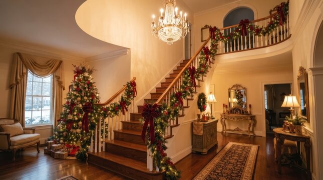 Elegant foyer interior decorated for Christmas with a grand staircase and festive tree lighting