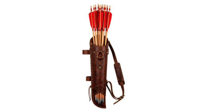 Leather archery quiver filled with long wooden arrows featuring sharp metal field points and bright red feather fletching. Photorealistic, front 3/4 view, vertical orientation, ultra-high-resolution