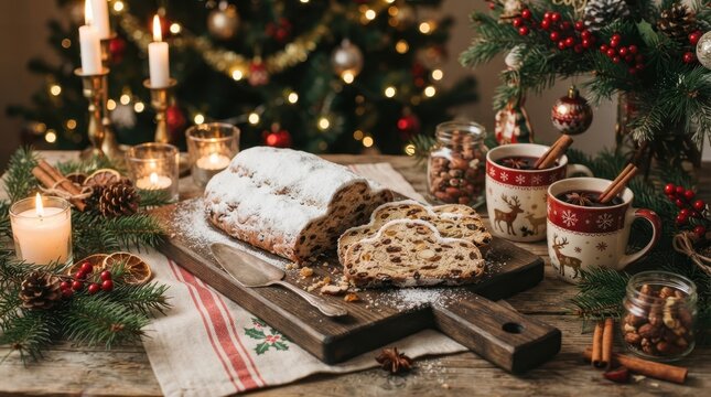 Traditional German Christmas stollen cake served on a rustic wooden board with festive decor