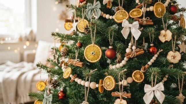 Festive Christmas tree decorated with dried orange slices and cinnamon sticks in a cozy home