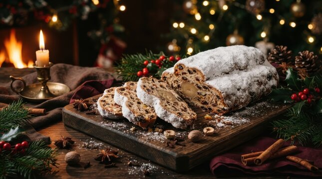 Traditional German Christmas stollen bread with marzipan center on a rustic wooden serving board