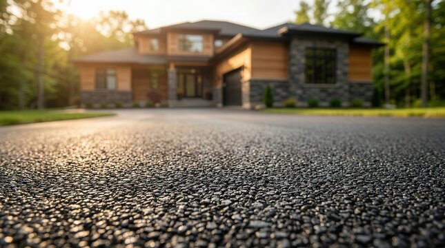 Asphalt repair work completed on a private driveway leading to a modern house.