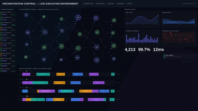 A sophisticated AI orchestration dashboard showcasing automated tasks, triggers, dependencies, and execution queues with a dark mode aesthetic and animated visuals.