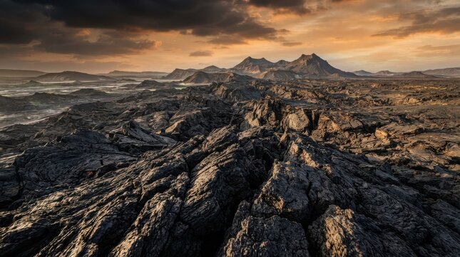Dramatic volcanic landscape with rugged black lava fields under a golden sunset sky horizon