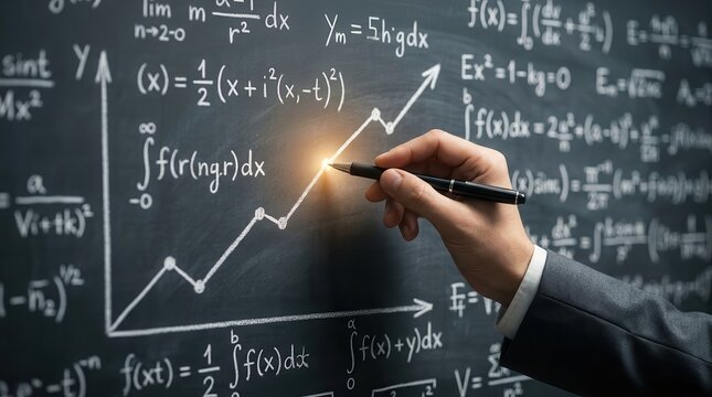 Mathematical equations and a growth graph on a chalkboard being pointed at by a hand.