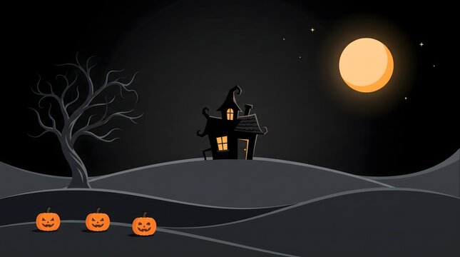 A spooky halloween scene featuring a haunted house on a hill with a full moon and carved jack o lanterns