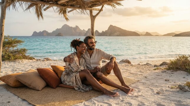 A happy couple sitting together on a tropical beach under a rustic wooden shade at sunset