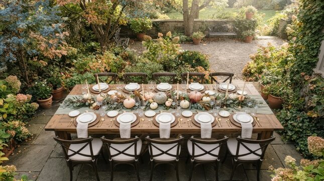 Elegant outdoor dining table set for a festive autumn gathering in a lush garden patio setting