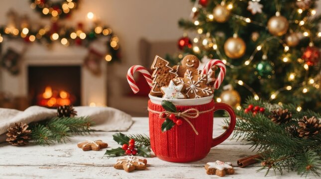Festive red mug filled with gingerbread cookies and candy canes by a glowing Christmas tree