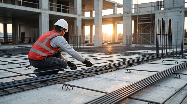Construction worker wearing white hard hat and orange high visibility safety vest kneeling on concrete floor while installing metal reinforcement bars for building structural project