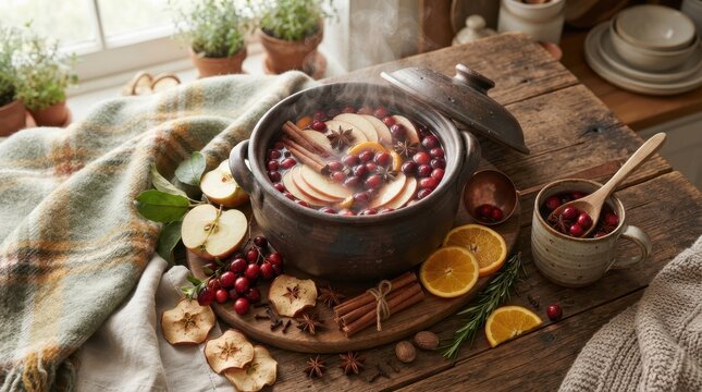 Steaming hot mulled cider in a rustic clay pot with fresh cranberries and aromatic spices