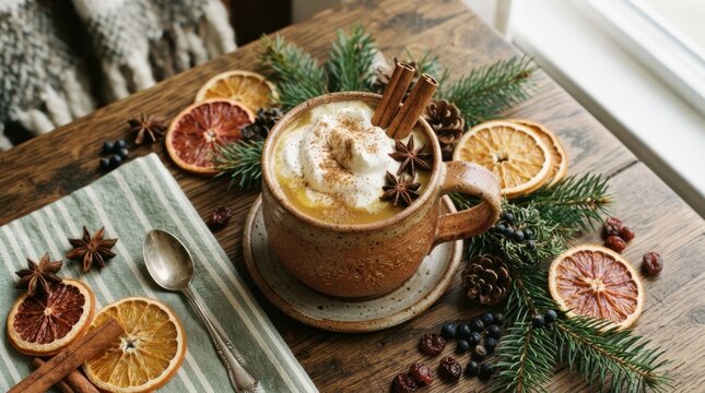 Warm spiced latte in a rustic ceramic mug decorated with dried citrus and pine branches