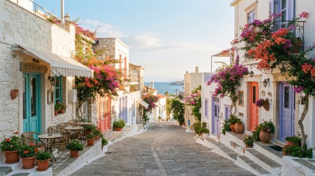 Charming cobblestone street in a traditional Greek village with colorful doors and flowers
