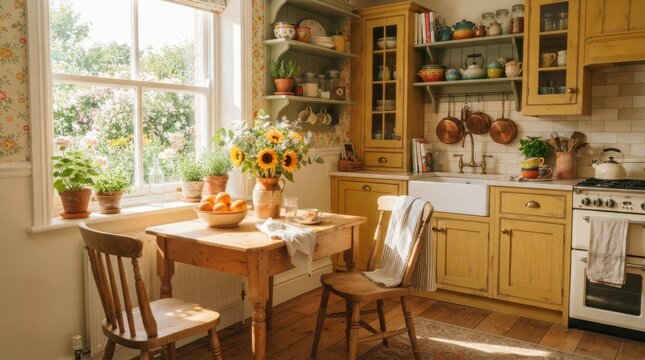 Cozy rustic kitchen interior with yellow wooden cabinets and a sunlit breakfast dining table