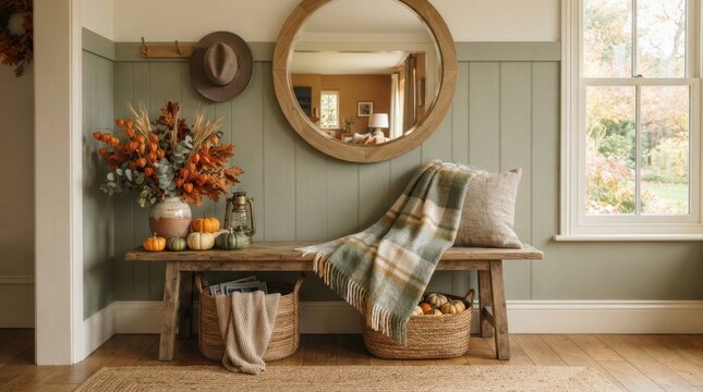 Cozy autumn entryway featuring a rustic wooden bench with seasonal decor and warm home accents