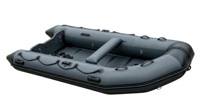 Inflatable rubber boat with reinforced dark-gray tubular sides, rigid floor, raised bow, integrated handles, and compact recreational watercraft design. Photorealistic, front 3/4 view, horizontal