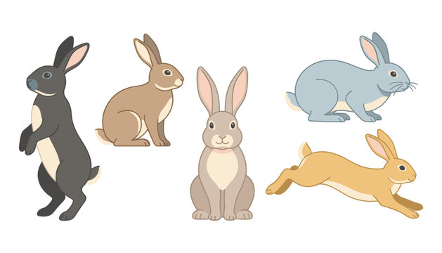 Cute rabbit vector collection with various bunny characters sitting standing and running isolated on a white background