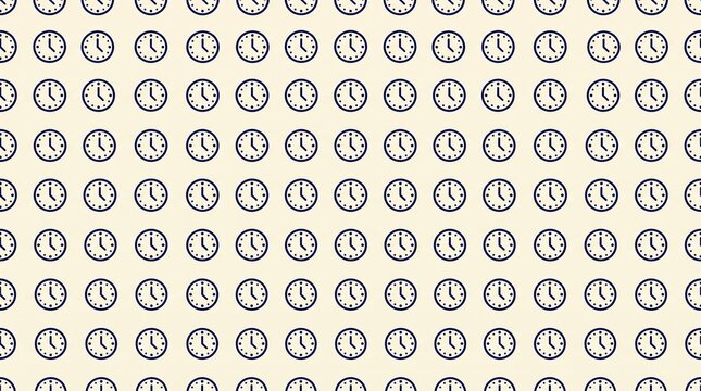 Pattern of Clocks: A repeating pattern of analog clocks on a light cream background, symbolizing the concept of time and its relentless passage.