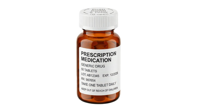 Medicine bottle, single amber medicine bottle with secure child-resistant cap and clean generic pharmaceutical packaging, photorealistic, front 3/4 view, vertical orientation, ultra-high-resolution 8K