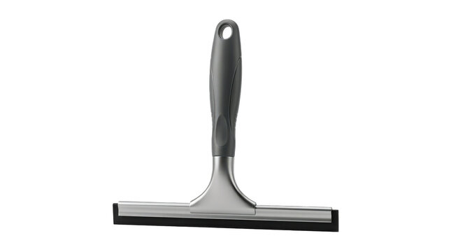 Shower glass squeegee with flexible rubber blade, ergonomic handle, clean streamlined form, and practical bathroom cleaning accessory design. Photorealistic, front 3/4 view, vertical orientation,