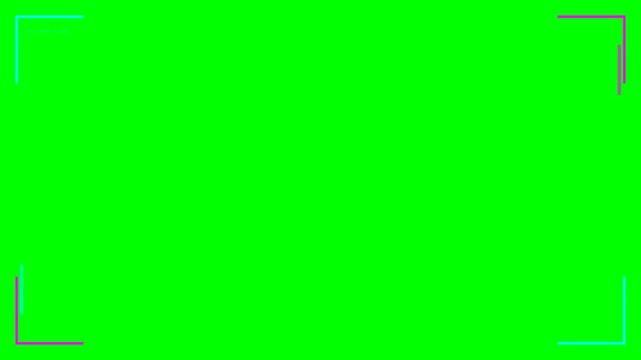 Neon Cyan and Magenta Glowing Corner Frame Borders on Green Screen Chroma Key Background, Futuristic Digital HUD Interface Overlay for Video Editing, Social Media Streaming, Gaming and Technology.