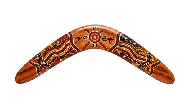 Wooden returning boomerang with an angled aerodynamic shape and traditional painted dot patterns. Photorealistic, top view, horizontal orientation, ultra-high-resolution 8K, on a pure white background