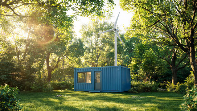 A blue repurposed container house equipped with a small wind turbine, situated in a lush green wooded outdoor area. It is an off-grid sustainable living space.