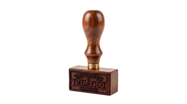 Classic rubber stamp with sturdy wooden handle, rectangular stamping base and smooth polished finish, traditional office authentication tool with timeless design; photorealistic product photography,