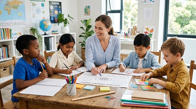 Dedicated educator leads a collaborative learning session with diverse elementary students gathered at a classroom desk, promoting engagement and educational development
