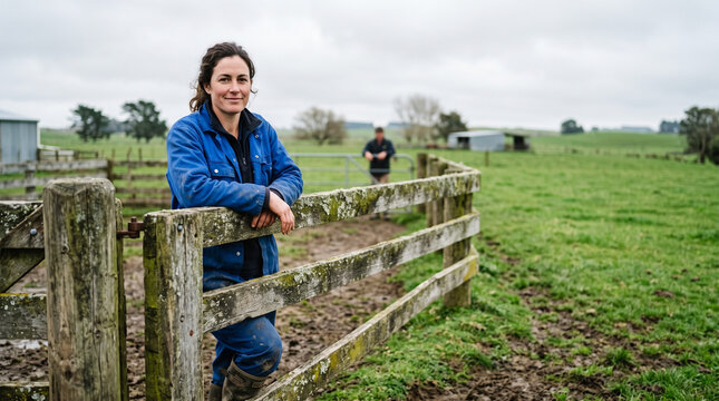 Woman in blue fleece jacket leaning on wooden pasture fence in lush green farmland