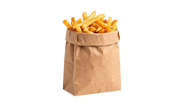 Brown kraft paper bag filled with golden French fries, upright folded packaging and crisp fried potato tops visible above the opening, casual takeaway snack object; photorealistic food product
